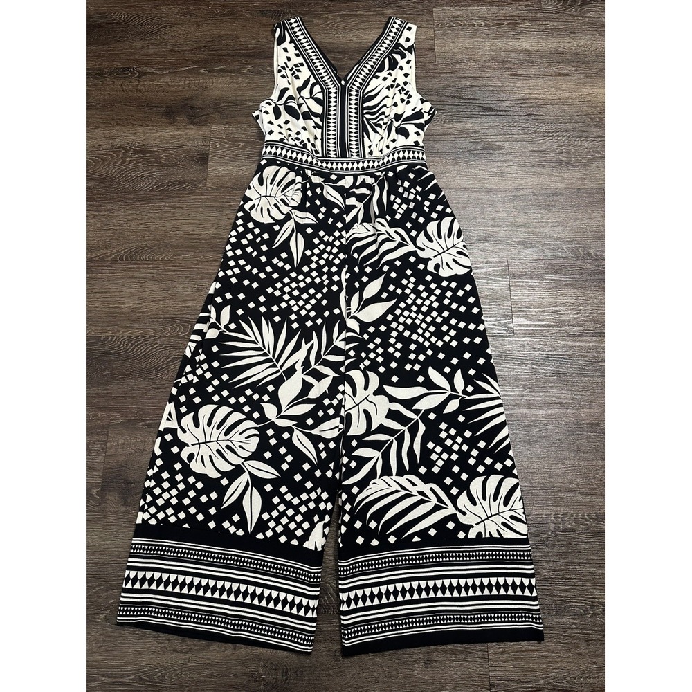 Nine West Black White Tropical Floral V-Neck Sleeveless Wide Leg Jumpsuit